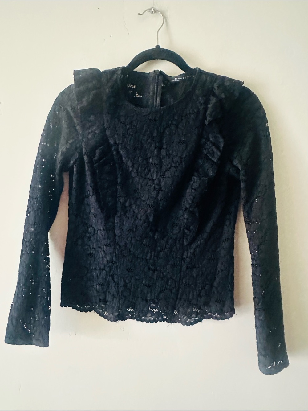 Zara Black Lace Long-Sleeve Ruffle Shoulder Top